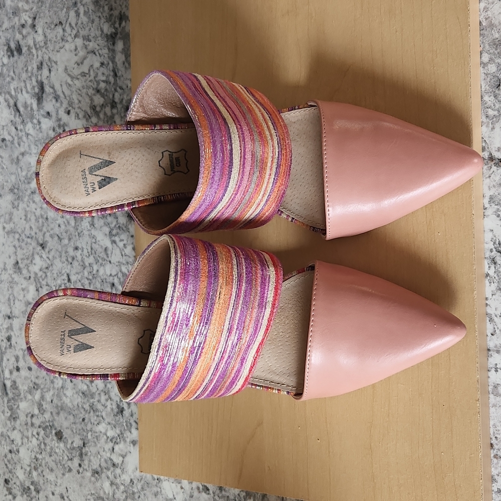 Vanessa Wu Leather Embroider Heeled Mules, Pink, Women's 39 US 9